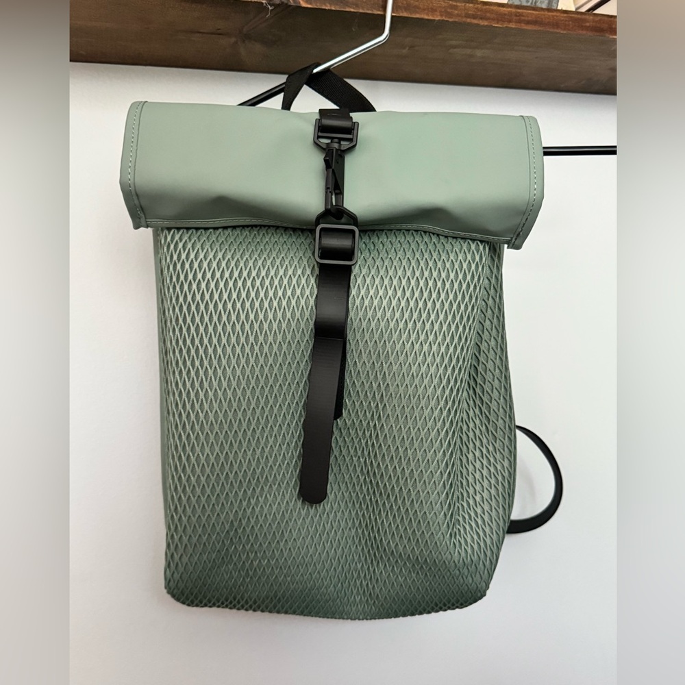 RAINS mesh waterproof rolltop rucksack mini backpack in sage green